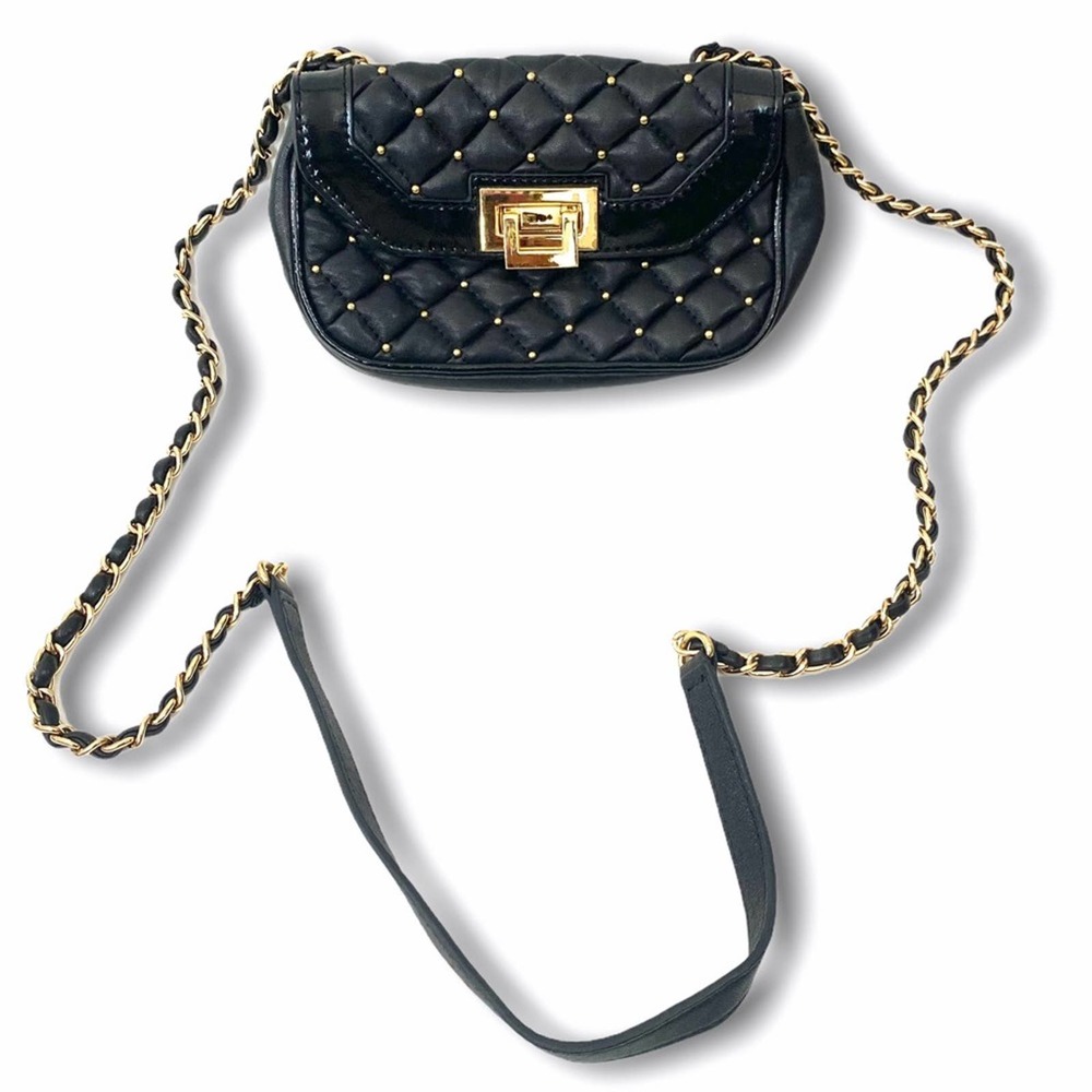 Treesje Black Puff Quilted Gold Studded Crossbody Faux Leather Bag